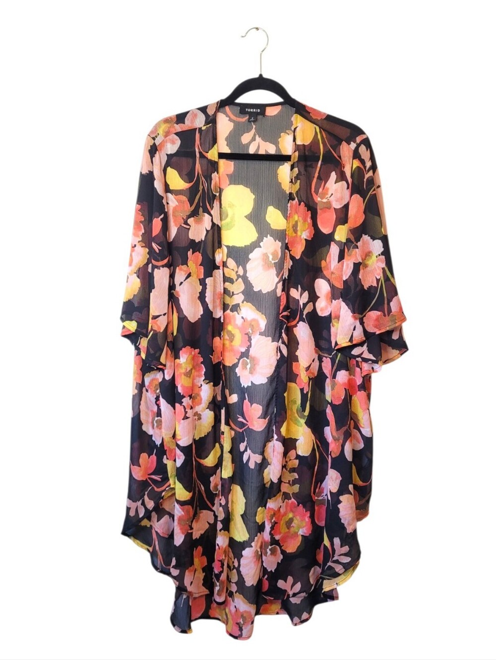 Torrid Floral Sheer Kimono Robe - Black with Pink & Yellow Flowers Size 2/2XL
